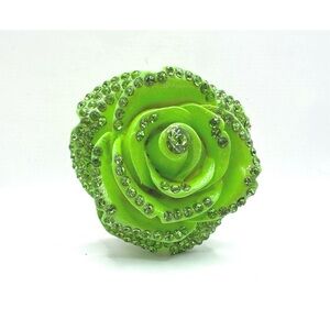 Large Bright Green carved rose Stretch Ring with rhinestones